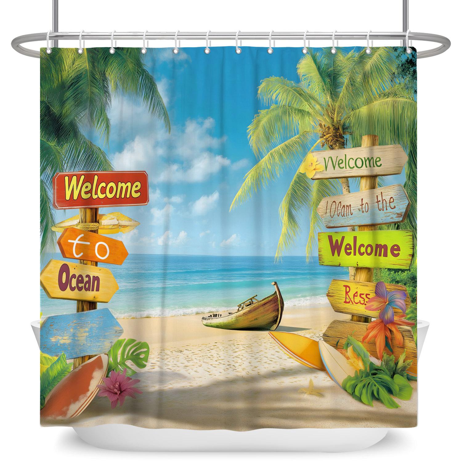 

Tropical Beach Sunset Shower Curtain Palm Tree Ocean Waterproof Bath Curtain Bathroom Decor Vacation Style Polyester With Hooks W60H190(CM)-1 Pcs