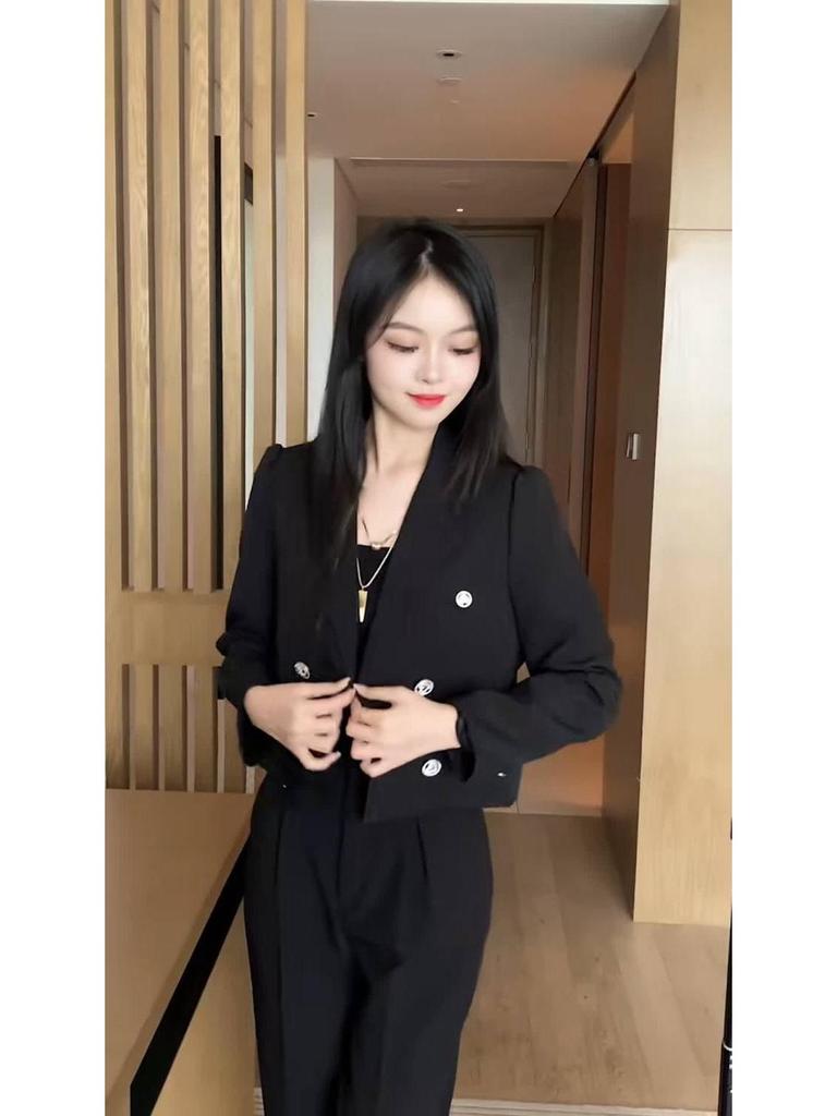 Women's 2023 Black Long Sleeve Suit & Pants Set - High-End Fashion for Spring/Autumn