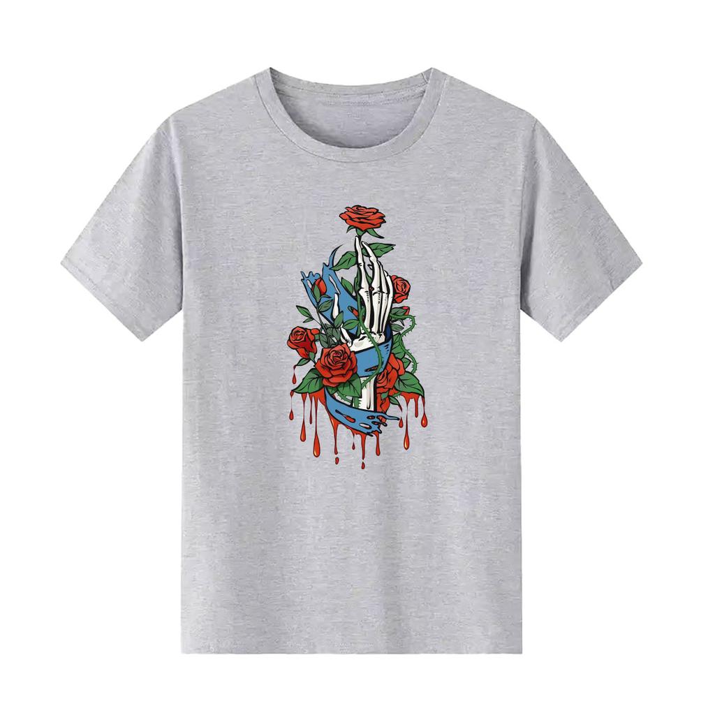 Fashion Skeleton Rose Printed Street Tshirt Short Sleeve Round Neck Casual Versatile Womens Tshirt