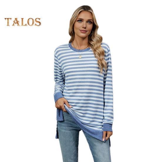 

Женские топы с круглым вырезом, длинными рукавами, полосатым принтом, футболка с боковыми разрезами, средней длины, свободный крой, эластичная футболка XXL светло-синий