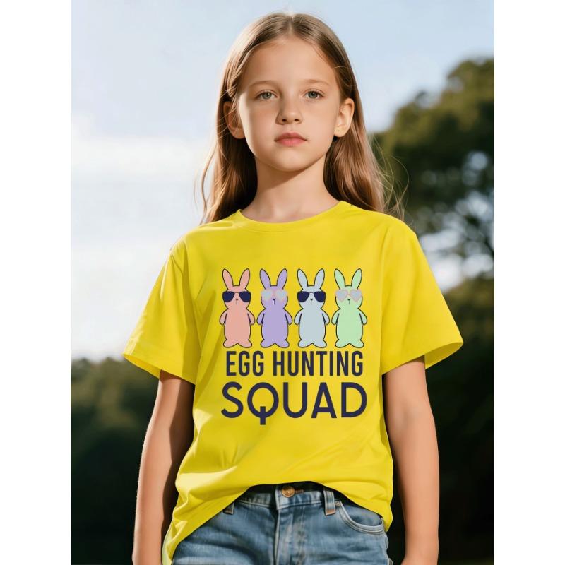 European Size Childrens Crew Neck Short Sleeved T Shirt with Bunny and Egg Hunt Team Pattern