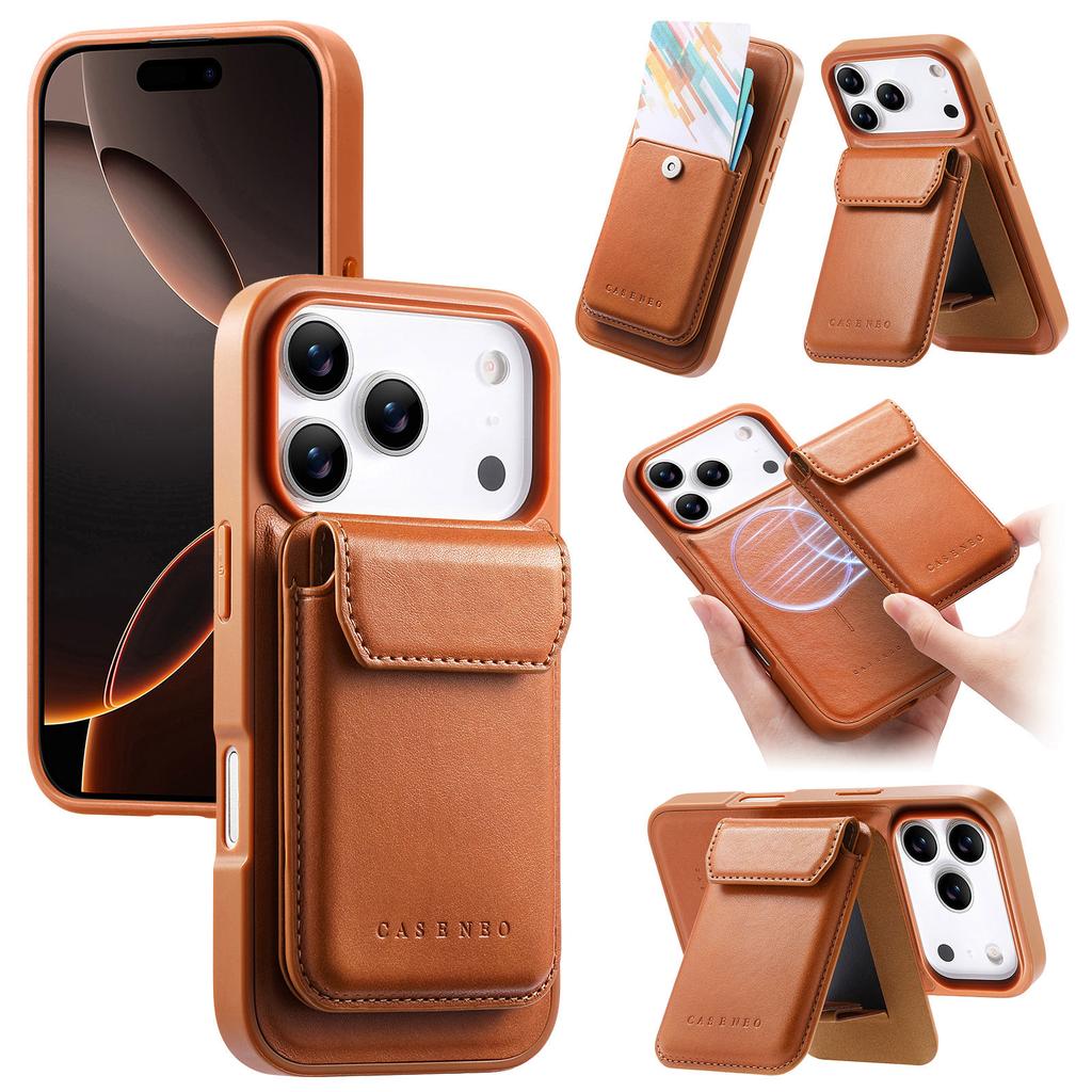 CASENEO For iPhone 17 Pro Max Magnetic Case PU Leather PC Phone Cover with Detachable Card Holder Kickstand Compatible with MagSafe