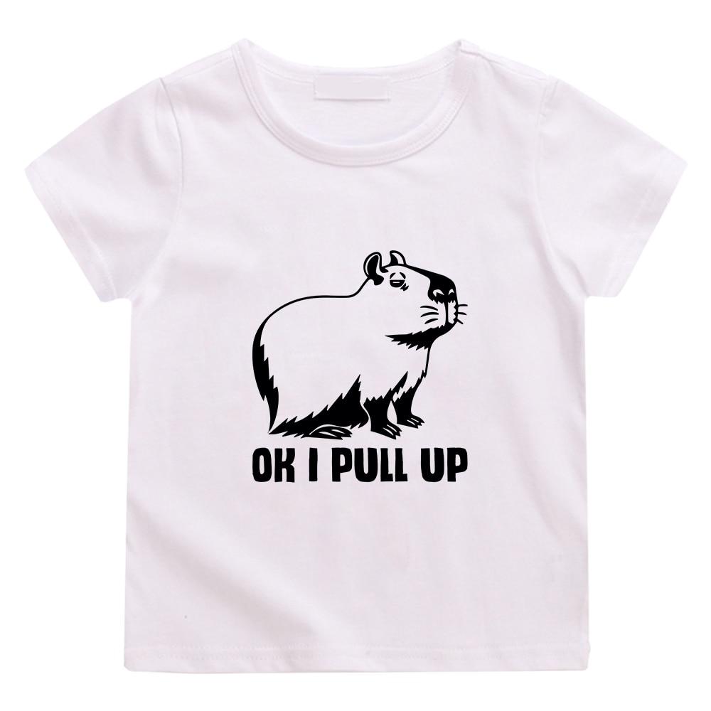 

OK I PULL UP Капибара, милая футболка с принтом, повседневная футболка из 100% хлопка с короткими рукавами, удобная мягкая футболка высокого качества для детей 100 белый