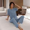 Summer Ladies Pajamas Loungewear Set Summer Thin Solid Color Loungewear Short Sleeves Elasticated Waist Trousers Lazy Pajamas
