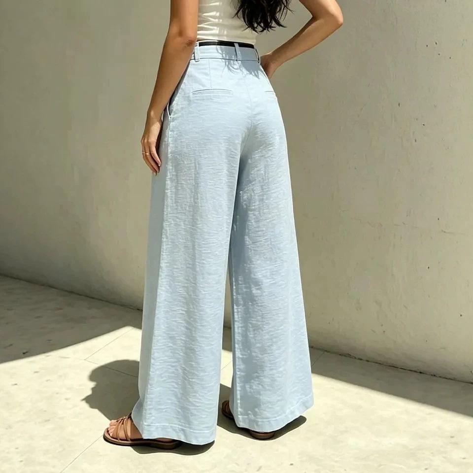Women's High Waist Belted Pleated Solid Linen Wide Leg Long Pants Loose Fit Casual Trousers