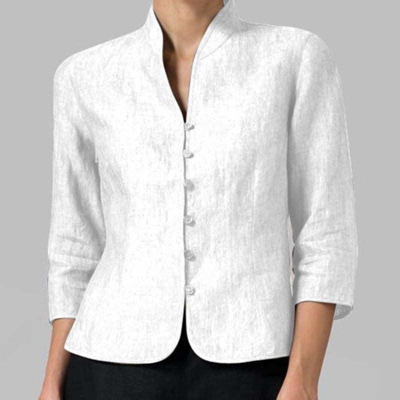 

Женская Сезон Хлопок и Лен Однотонная Маленькая Куртка Приталенного Кроя Обычный Рукав Воротник-стойка Пуговица XXXL белый