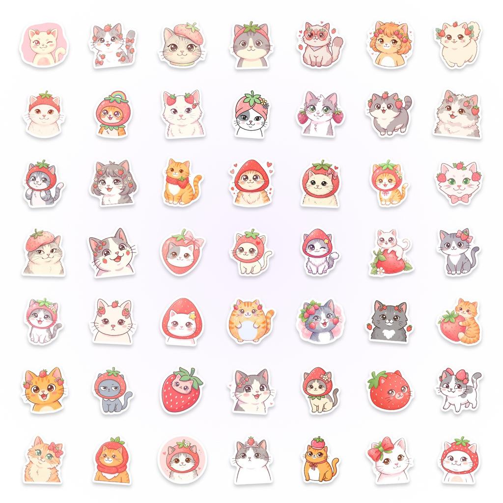 Exclusive For 50 Watercolor Strawberry Cat Stickers Cute Cartoon Animal Cat Head Stickers Waterproof
