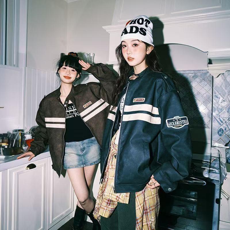 American Retro Striped Color Block Racing Leather Jacket for Men & Women - 2025 Spring Couples' Casual Trend.