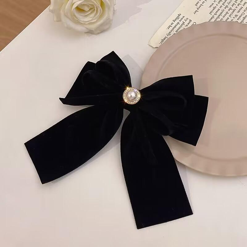 Velvet Bow Pearl Inlaid Hair Clip: Japanese & Korean Style