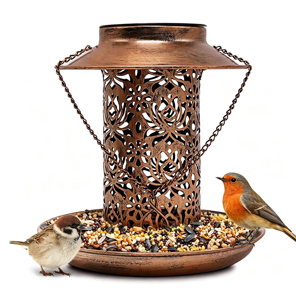 Solar Bird Feeder Lantern Iron Art Hollow Hanging Design for Outdoor Bird Feeding Retro Garden Decor for Lawn Patio Yard