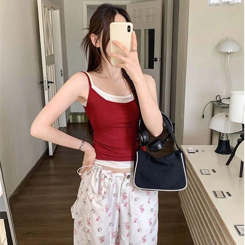 Korean Color Block Patchwork Camisole with Built-in Bra Pads and Stylish Design