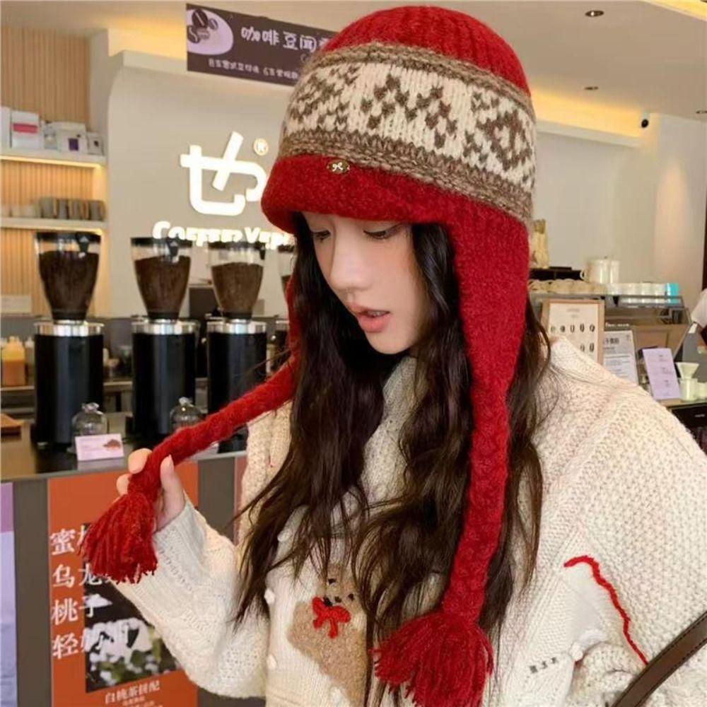 Tassel Jacquard Knitted Hat Korean Style Beanies Hat Casual Ear Cap Outdoor