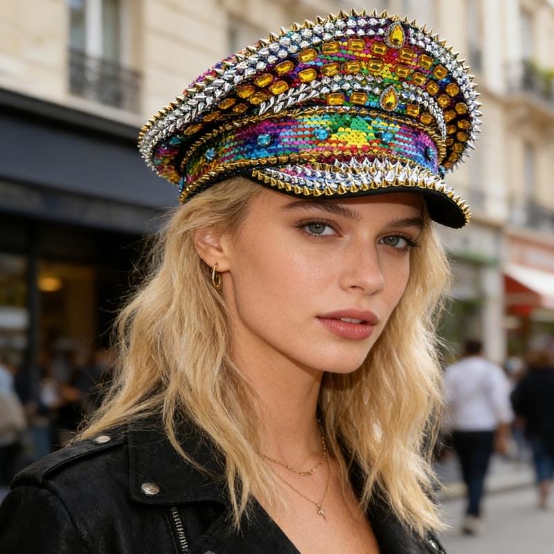 Stylish Rhinestones And Studded Flat Top Cap For Women Men Baseball Hat Fashionable Party Accessory With Adjustable Size