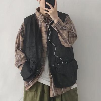 Unisex Japanese Retro Workwear Vest - Autumn Thin, Loose, Multi-Pocket Functional Jacket