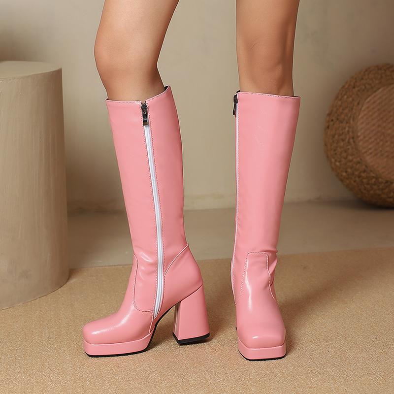 Candy Colored Glossy Patent Leather Material For Women's Knee Boots Square Toe Platform Ultra-High Thick Heel Winter Long Boots
