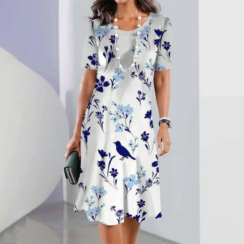 Elegant Floral Print Midi Dress Summer Women's Loose A-Line Dress Digital Printing Round Neck Short Sleeve Comfortable Fit