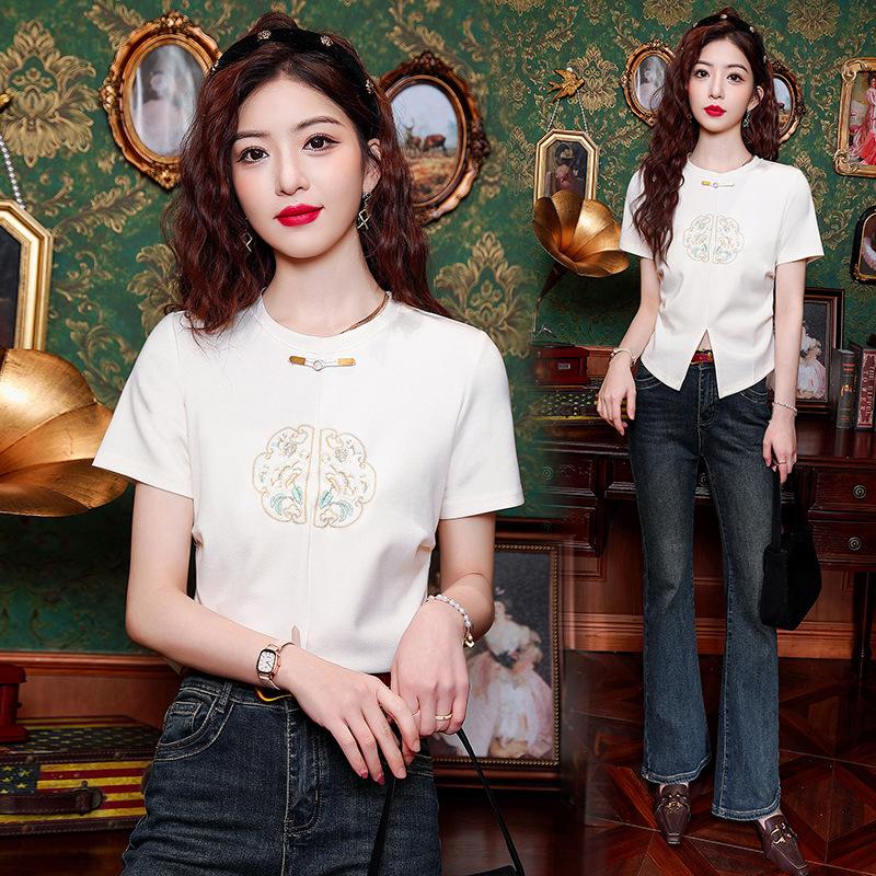 Sommer Kurzarm T-Shirt Damen Sommer Offene Kurze Baumwolloberteile