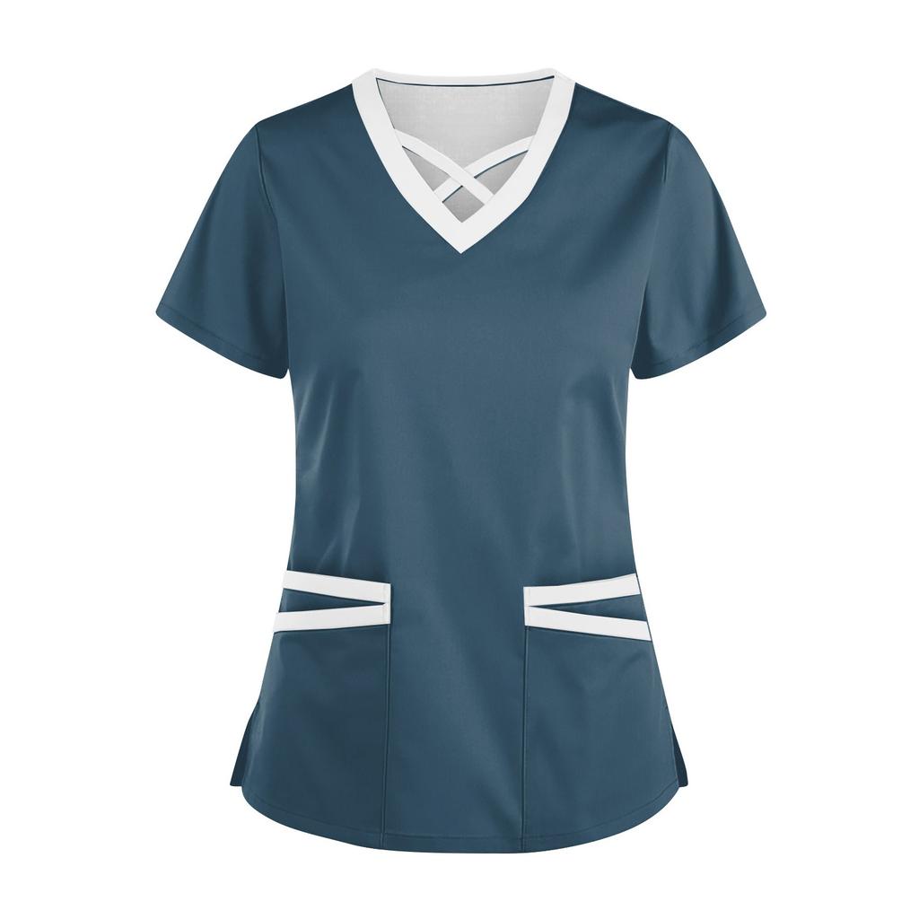 Women's Fashionable V-Neck Short-Sleeved Work Clothes With Drawstrings And Pockets Color Matching Tops And Protective Clothing