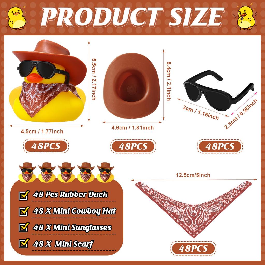 48Pcs Rubber Duck Cowboy Mini Yellow Duckies Ducks Toys With Cowboy Hat Sunglasses For Summer Birthday Gift Party Favor