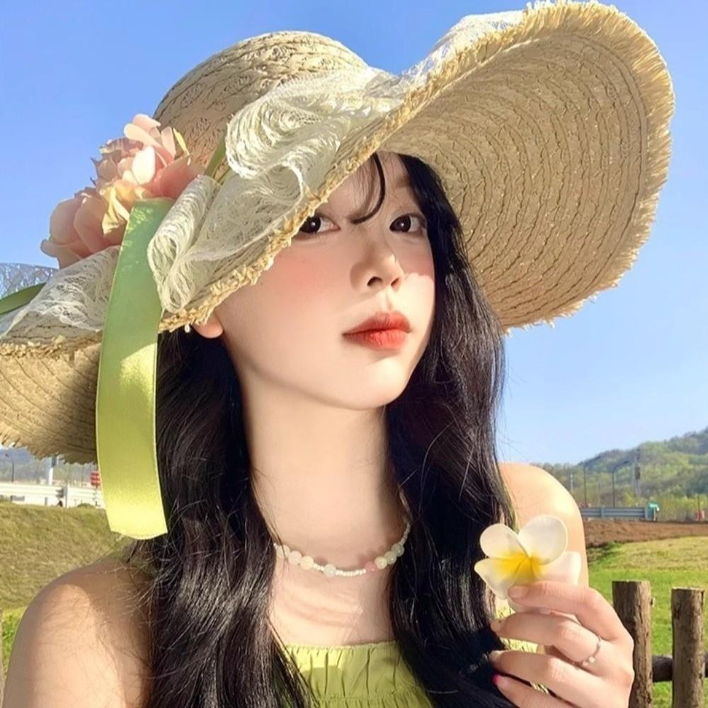 Big Brimmed Vacation Beach Cap Flower Woven Sun Cap Solid Color Lafite Straw Hat  Women