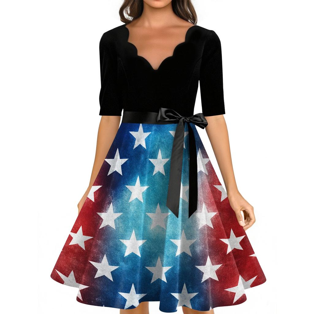 Women Vintage Dress with Scalloped Neckline Half Sleeve Star Print High Waist Tie Back Retro Style