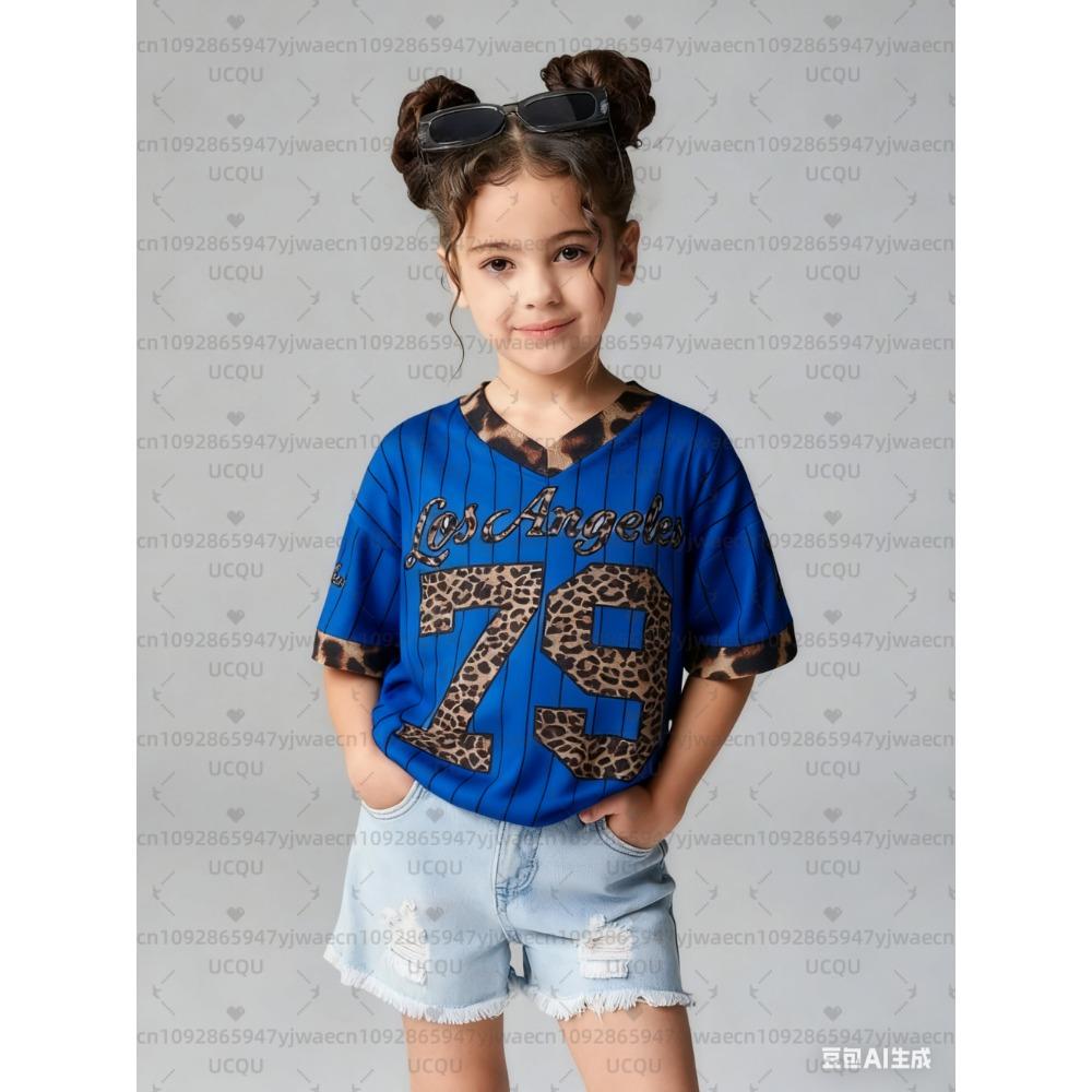 Girls Casual Sports Style Los Angeles NO.79 Pattern Color Block Print Short Sleeve V-Neck Children T-shirt Tops