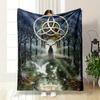 Mystical Forest Scene with Glowing Symbols, a Cloaked Figure, and Birds. for All Seasons Blanket Lunch Break Throw Gift