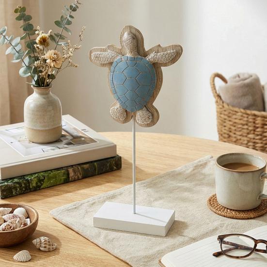 Nautical Sea Turtle Statue Rustic Standing Sea Turtle Block Sign Summer Ocean Tabletop Figurine with Wooden Base for Coastal Beach Home Decor