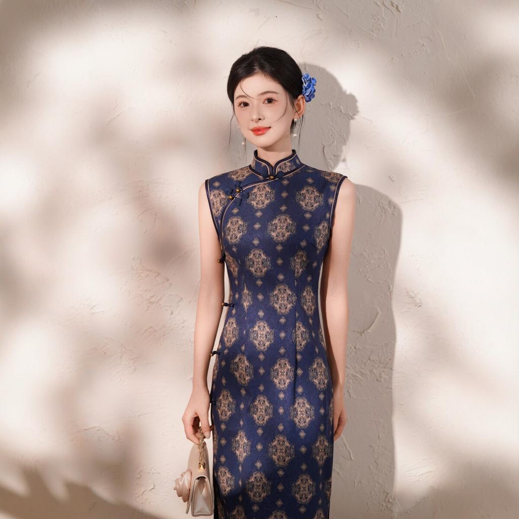 1011 New New Chinese Improved Cheongsam Women's Blue Jacquard Sleeveless Long Daily High Sense Retro Elegance Even