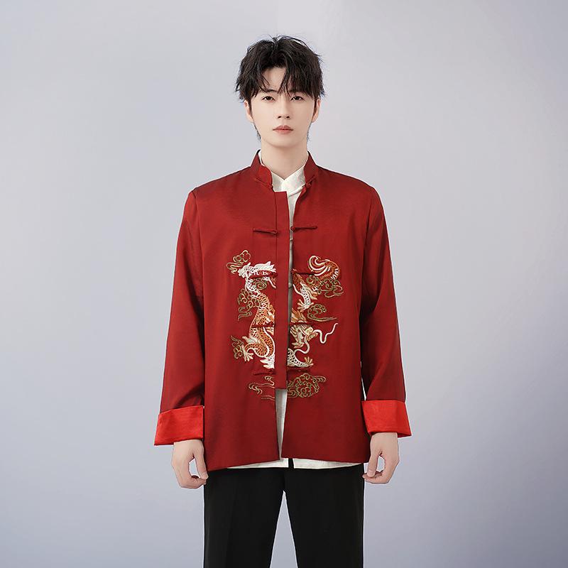 Spring and Autumn Men Embroidered Tops Chinese Traditional Phoenix Printed Clothes Dragon Tang Suit Clothing Long Sleeve Festival New Year Jacket