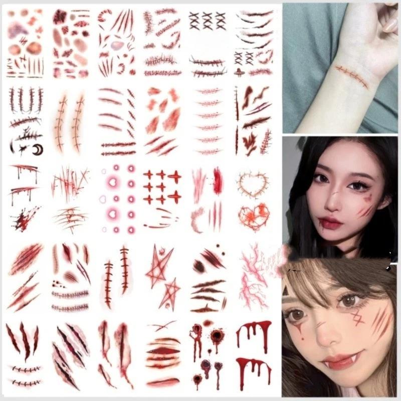 30 Pcs Halloween Face Tattoo Stickers Realistic Spider Web Bleeding Scar Design Easy Remove for Cosplay Masquerade Party