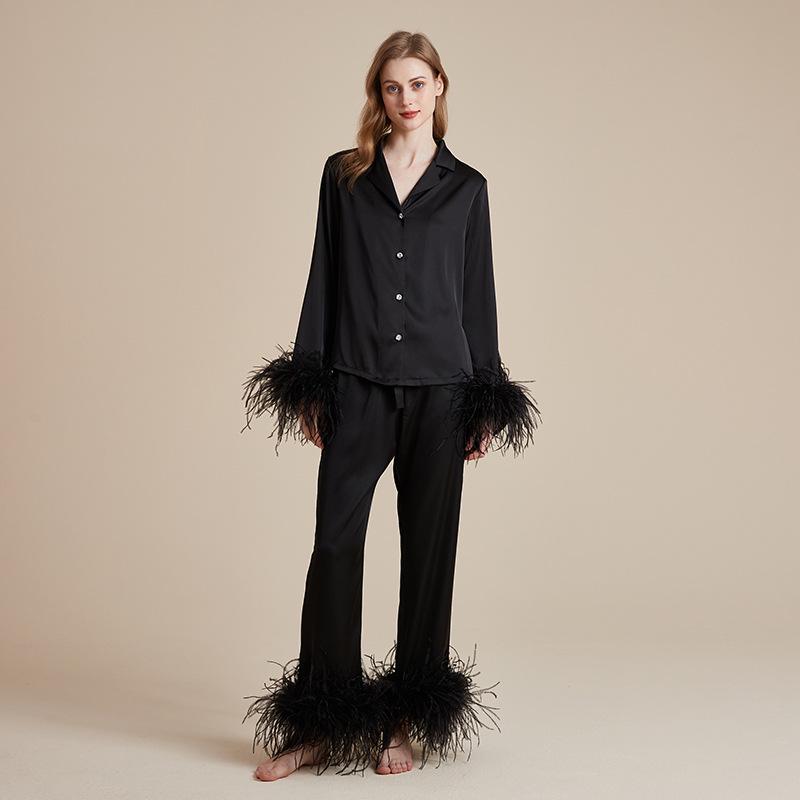 Women's Ice Silk Autumn Pajama Set with Detachable Feather Accents, Long Sleeve and Pants, French High-End Pure Desire Style