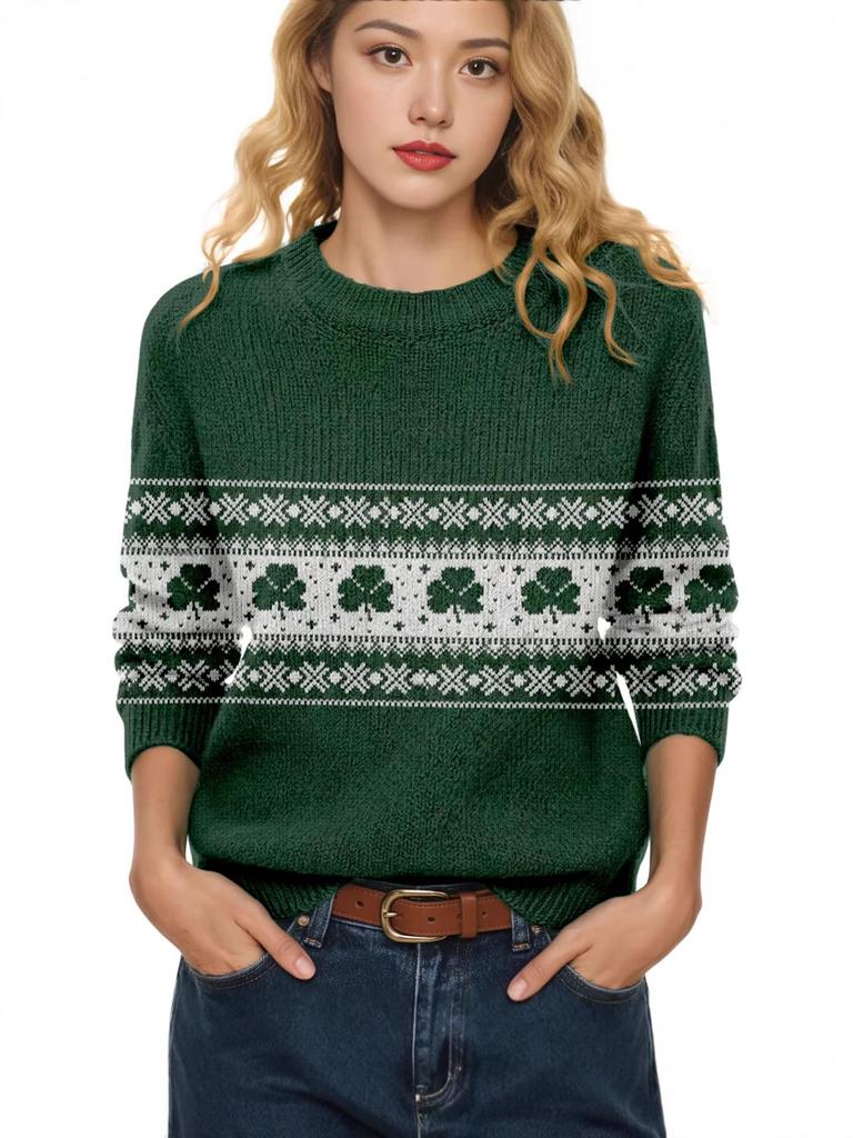 LXF-YT52 Saint Patrick's Day Fair Isle Pullover Sweater - Long Sleeve, Spring and Autumn Fashion.