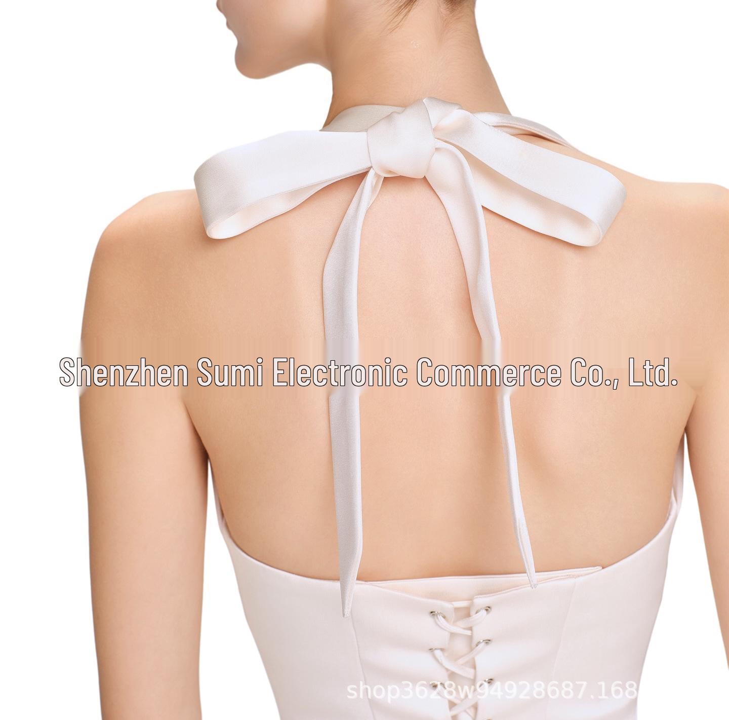 

European-American Satin Halter Neck Bow Slim A-line Party Dress Extra Large білий