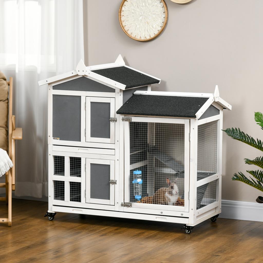 Outdoor Rabbit Hutch for 2 Rabbits in Wood with Pull-Out Tray and Run Area, 110x60x104 cm