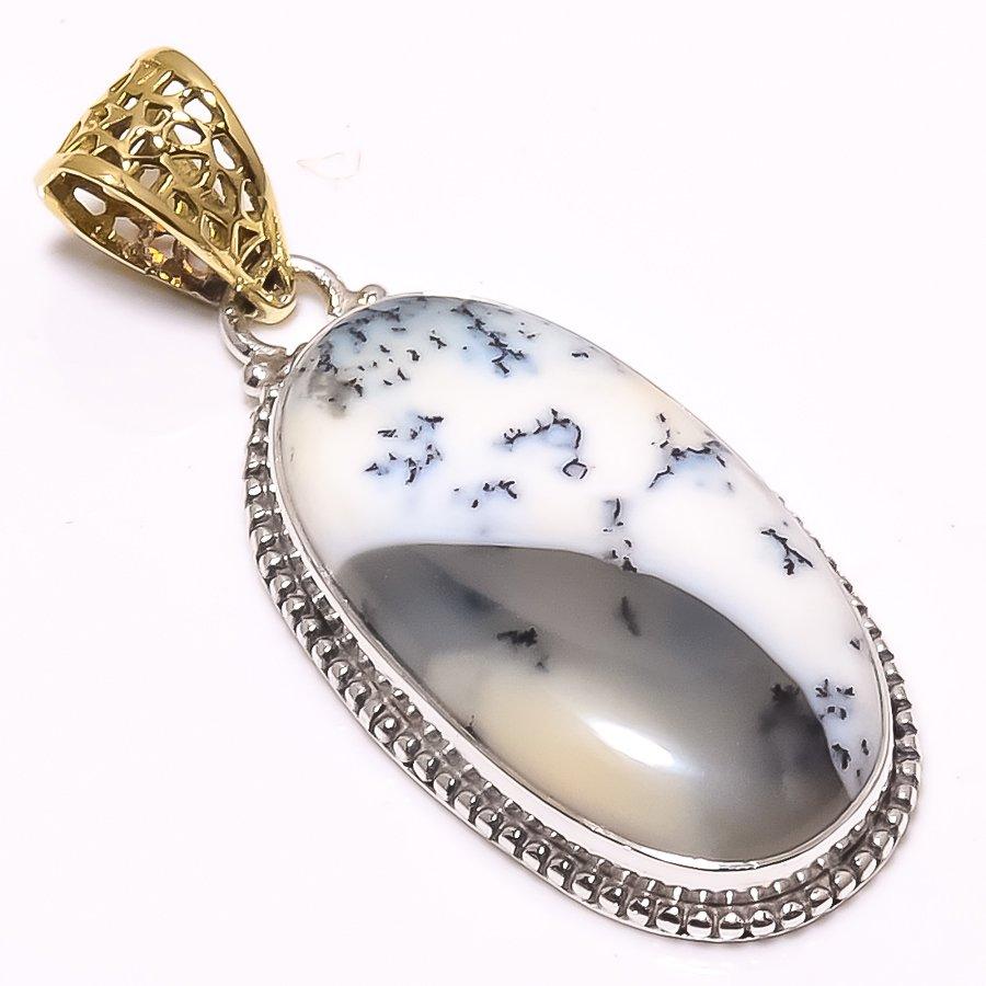 Natural Dendrite Opal Gemstone 925 Sterling Silver Two Tone Pendant 1.89" D7p79