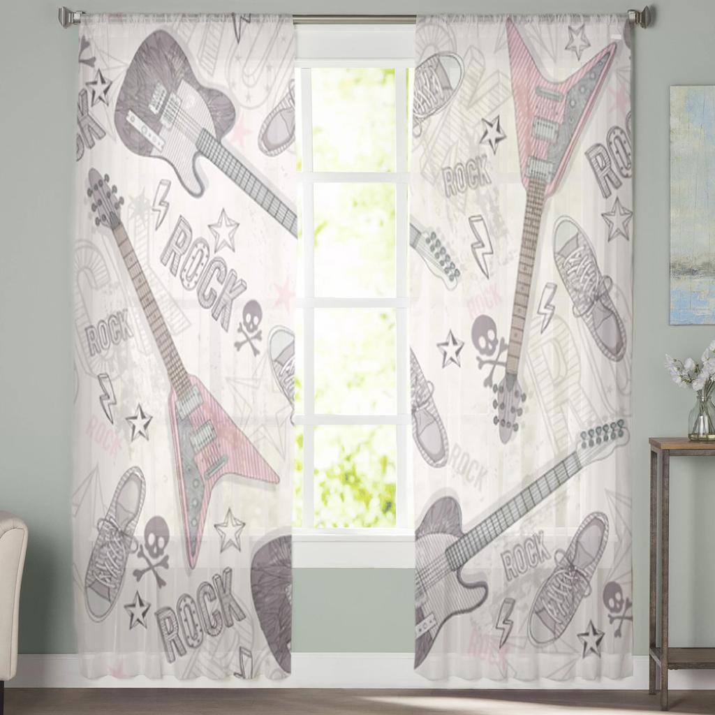 Rockowa Gitara Elektryczna Szkielet Buty Przezroczyste Zasłony do Salonu Przezroczysty Tiul Zasłona Okienna Sypialnia Kuchnia Woal Draperie