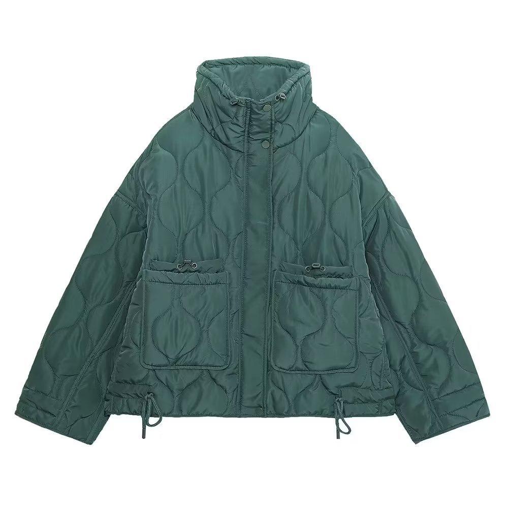 Stand Collar Loose Quilted Cotton Jacket for Women