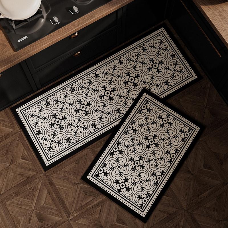 Kitchen Floor Mat Waterproof Non-slip Wash-free Carpet PVC Leather Strip Rugs American Black and White Home Decoration Foot Mats
