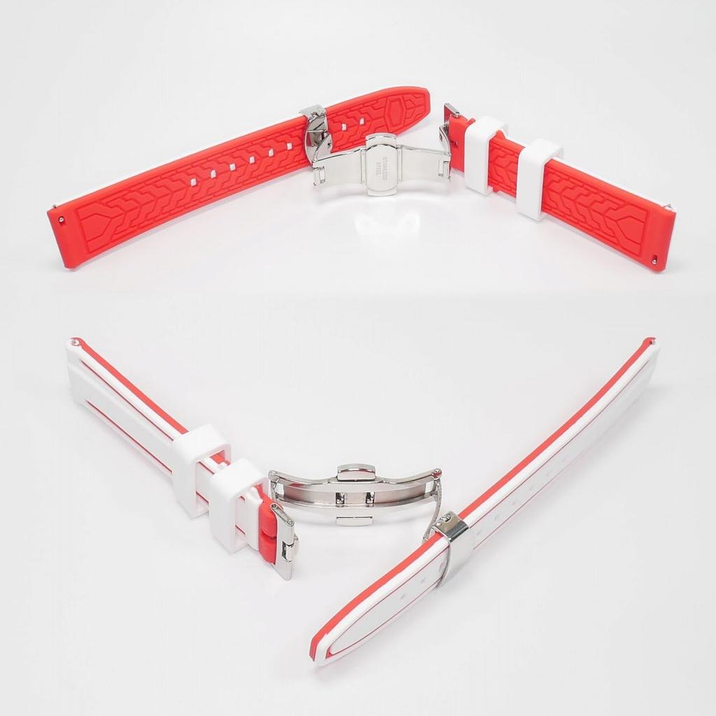Swatch x Omega compatible rubber strap with type D-buckle, double-line (white/red line)