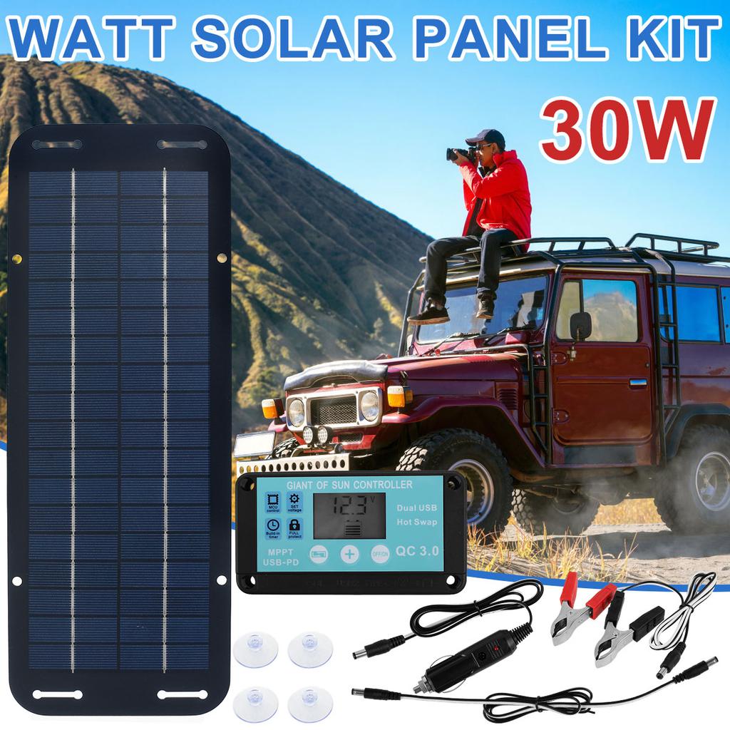 Kit Pannello Solare 30W 12V Impermeabile per Esterni Caricabatterie ad Energia Solare Portatile Kit Caricabatterie con per Telefono Camper Auto Roulotte Casa
