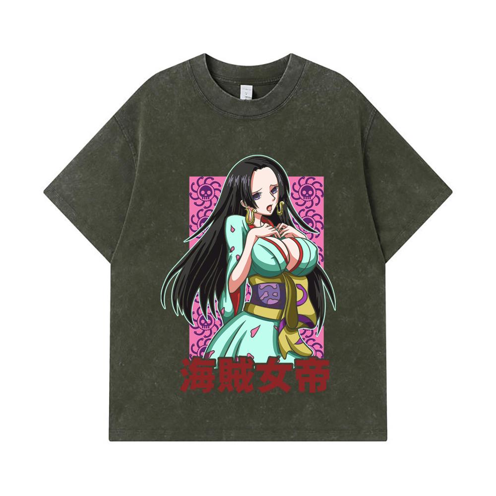 

275 GSM Washed T-shirts 100% Cotton One Piece V68 Boa Waifu Print Unisex Heavy Cotton T Shirt S армия зеленый