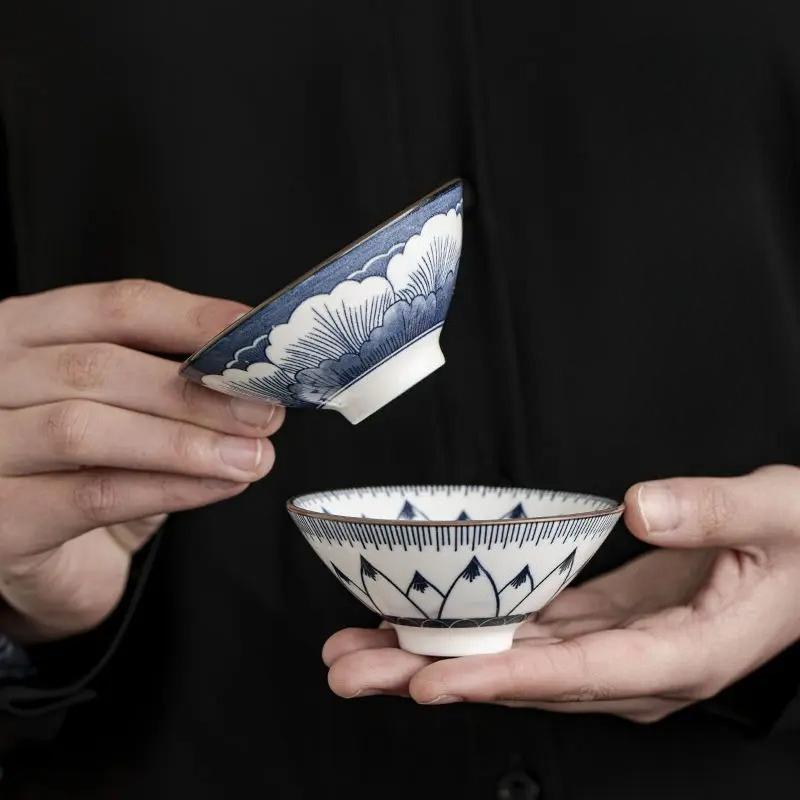 Blue And White Porcelain Teacups 10 Pcs Set Ceramic Vintage Cone Kung Fu Tea Tasting Bowls Gift Set For Tea Lovers With Gift Box
