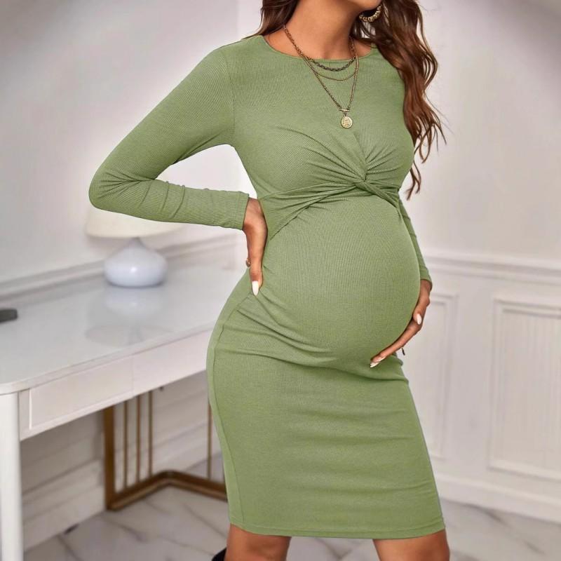 Maternity Cotton Dress Long Sleeve Slim Fit Twist Front A Line Pregnant Women