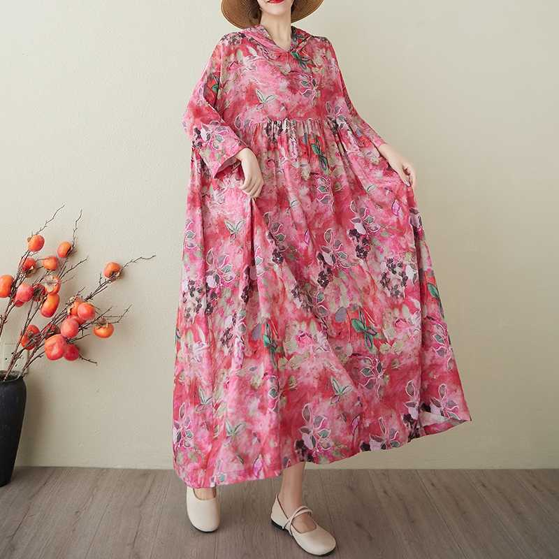 

Ретро Нишевое Платье Нежный Ветер Пряжа Хлопок Лен С Капюшоном С Принтом One size