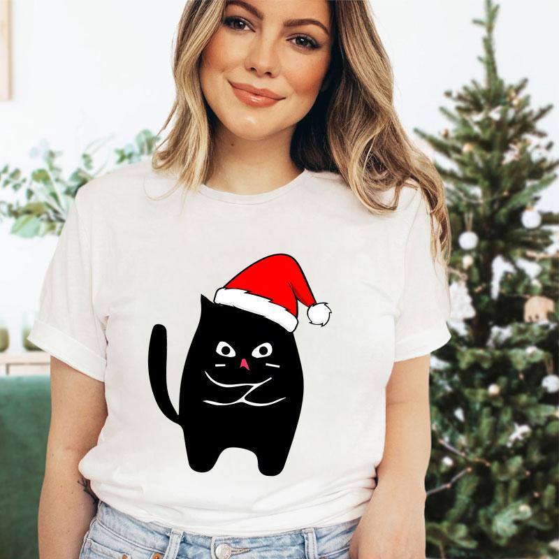 Christmas Black Santa Cat Trend Style Short Sleeve Tshirt Womens Christmas Gift Cute Animals Lovers Cartoon Classic Tshirts