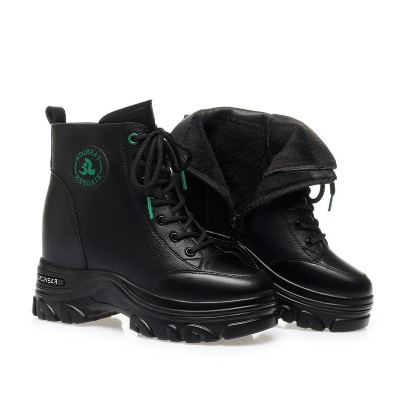 

Fashion Autumn Winter Women Warm Leather Platform Wedge Mid Calf Ankle Motorcycle Booties Non Slip Plus Velvet High Top Casual Shoes 36(Foot23cm)