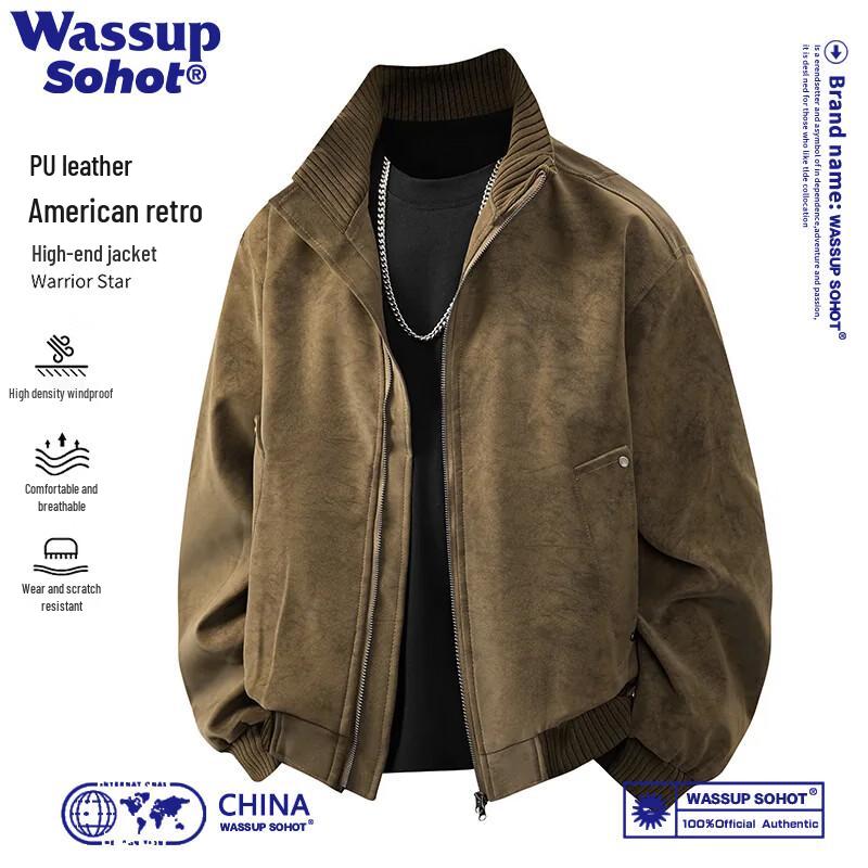 Wassup Sohot American Style Stand-Collar Tie-Dye PU Leather Bomber Jacket