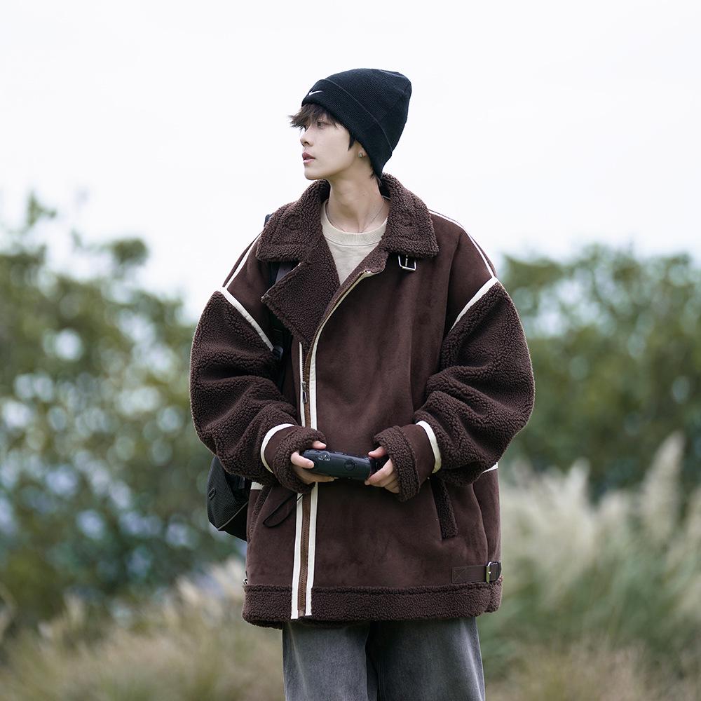 Men's Lambswool Fur-Lined Color Block Winter Jacket, Trendy American Brand, Plus Size, Thickened Cotton for Teens
