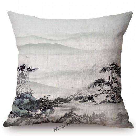 Traditional Chinese Ink Oil Painting Mountain Scenery Cotton Linen Sofa Throw Pillow Case Home Decoration Car Cushion Cover Case